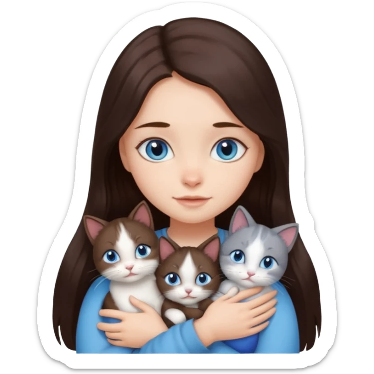 a girl with long dark 
brown hair, with blue eyes, hugs 3 different natural coloured small cats sticker
