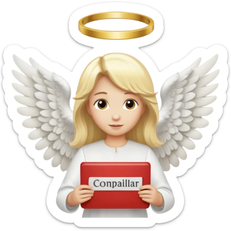 "An angel emoji with blonde hair, a halo, wings, holding a 'COMPARTILHAR' sign in bold letters." sticker