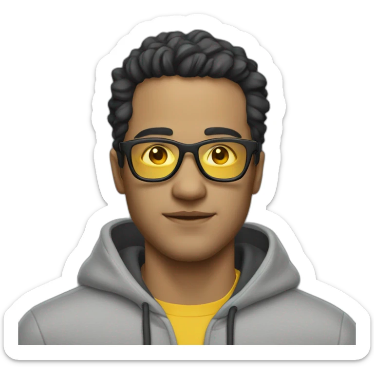 White man with yellow tinted glasses and black hair in a gray hoodie sticker
