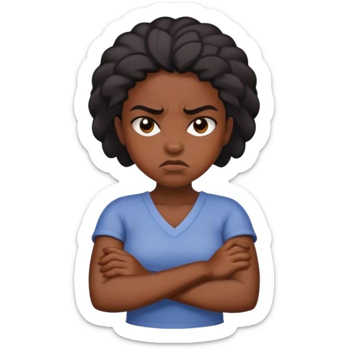 Angry Black girl with dark skin and crossed arms, frowning face sticker