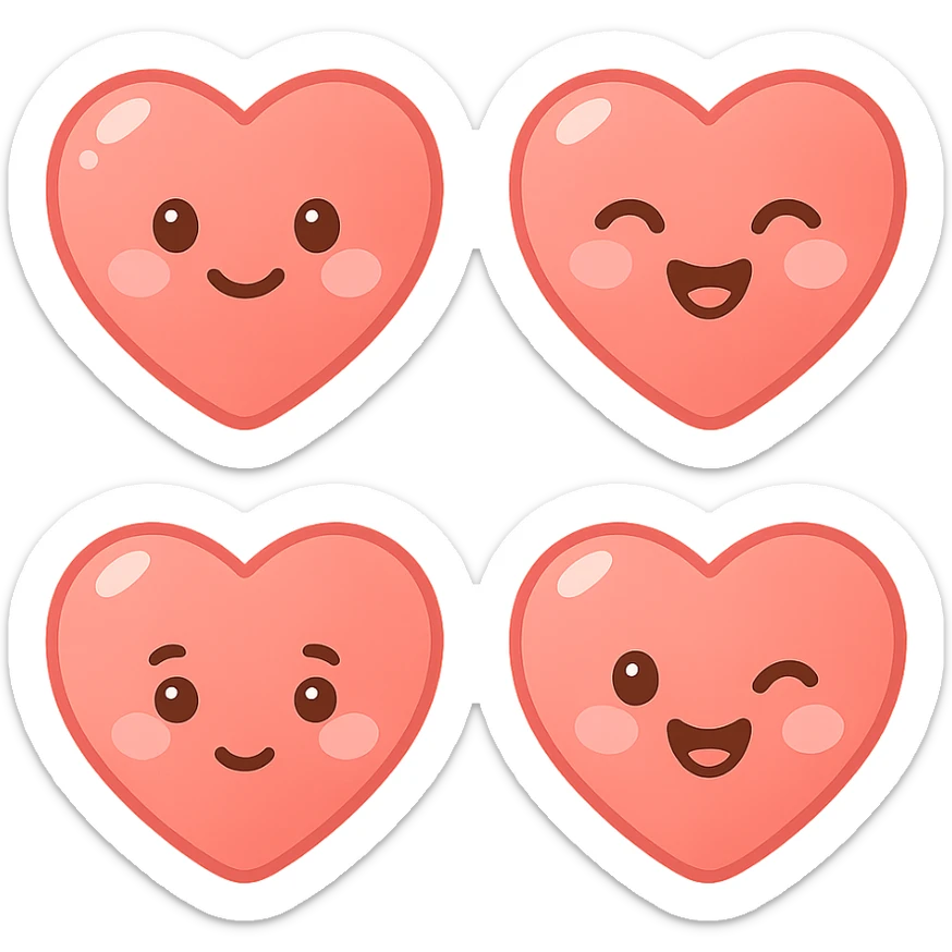 A series of illustrations heart in a kawaii emoji style, with detailed shading and highlights, thin clean outlines, soft and rounded features. Pastel color palette using  #FE655F, #F4A6A6,#FECDC9 The style is inspired by modern Japanese pop art and sticker aesthetics. Highly detailed, vector clarity, soft lighting and subtle shadows. Transparent background without background. sticker