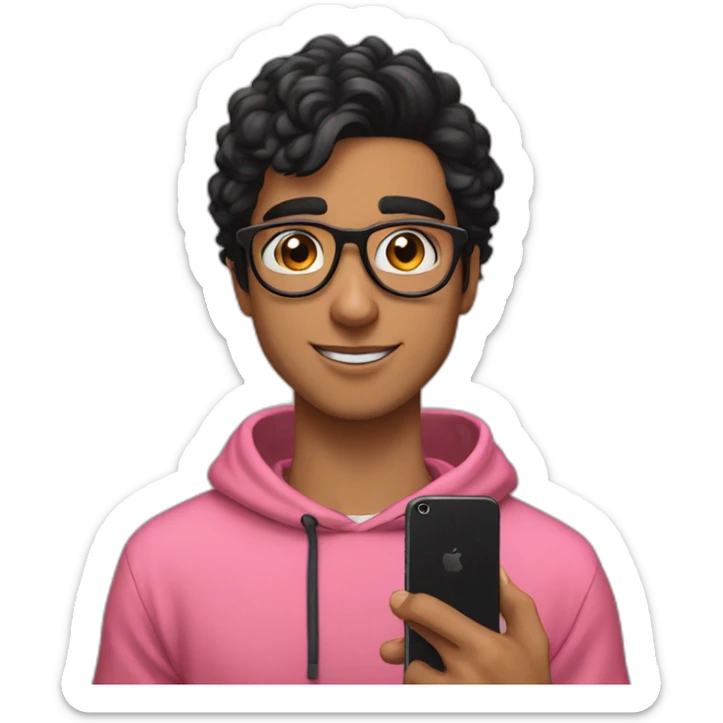 A young man wearing glasses, a pink hoodie, and black hair, holding a phone and next to him an Instagram account called emad24271. sticker