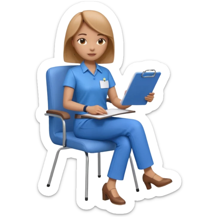 Generate an emoji of a female AI ethicist in blue shirt brown pant sitting in a chair and has a checklist stating AI ethics elements like stop bias, fairness score. I want 3d figurine sticker