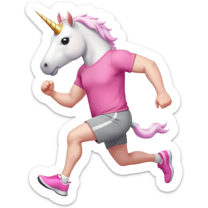 friendly anthropomorphised male white unicorn with a stocky, strong build, white arms and legs, wearing grey shorts and pink t-shirt, dark sunglasses, jogging upright in a standard pose sticker