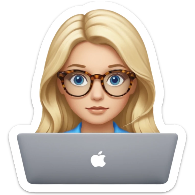  long blown out blonde hair woman blue eyes with tortoise shell print glasses on mac book  sticker