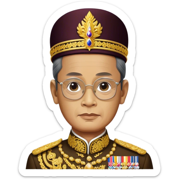 Cinematic Realistic King Bhumibol Adulyadej Portrait Emoji, depicted as a revered Thai monarch with a dignified expression and traditional royal attire, rendered with lifelike textures and soft regal lighting that captures his lasting legacy. sticker