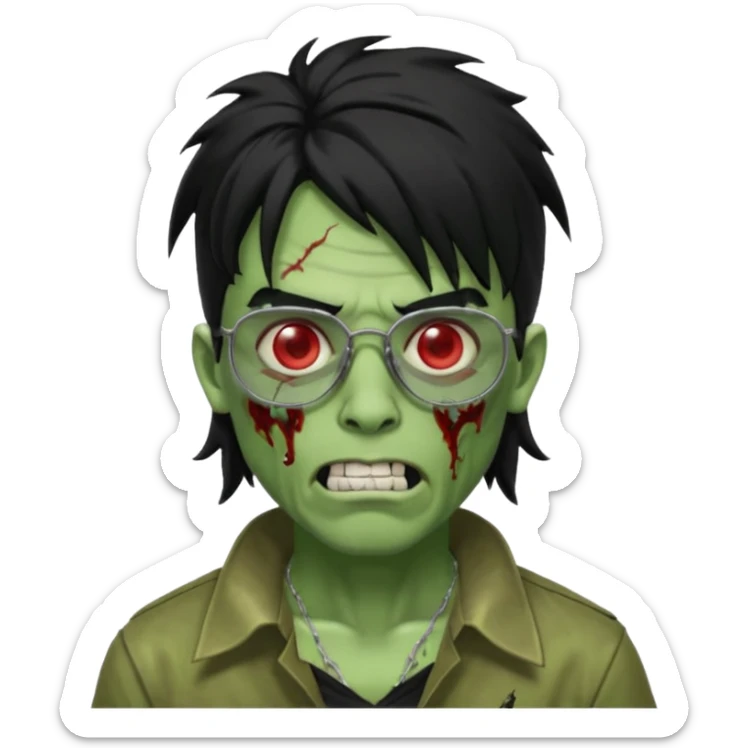 homem zumbi de óculos mullet piercing na boca piercing nas duas sobrancelhas duas orelhas giradas trágus esquerdo furado cabelo preto com muita olheira deixar pele dele verde dentes brancos e olhos vermelhos e ensanguentados sticker