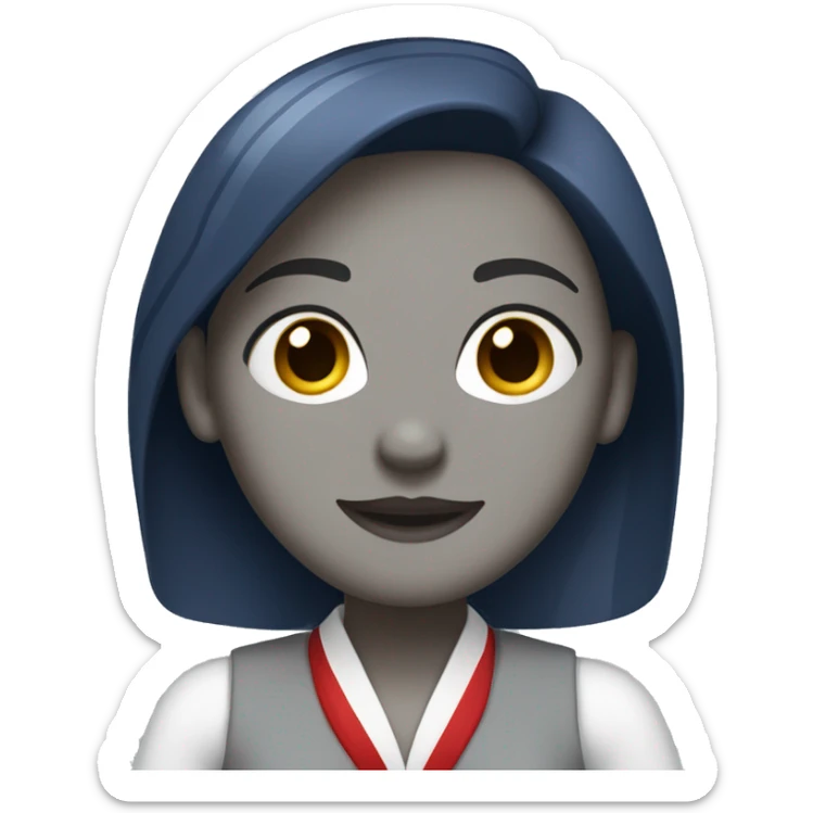 Flight attendant woman, back hair with a white shirt and light grey vest . The scarf is dark blue with a white and red stripe at the end sticker