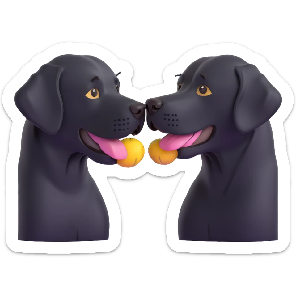 two black Labrador retrievers, touching noses as if kissing, 3D emoji style sticker