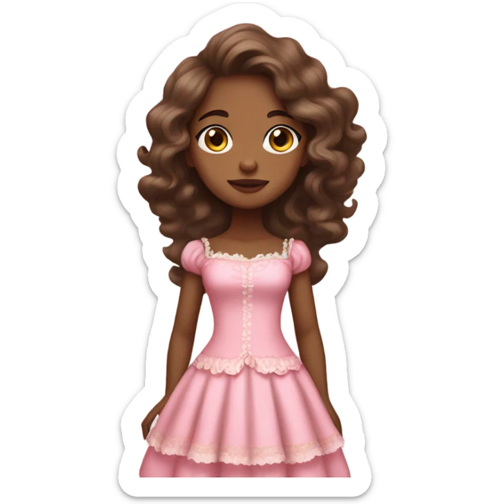 a brown skin girl standing wearing a rococo dress pink with the hairstyle of wavy long brown hair sticker