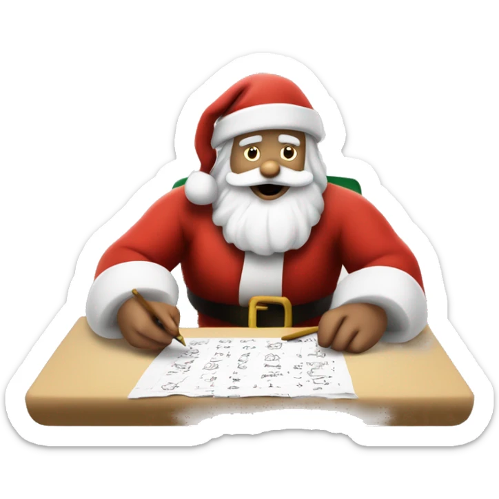 European Santa Claus is sitting on a desk, writing something down on a sheet of paper, solving complicated math puzzles sticker