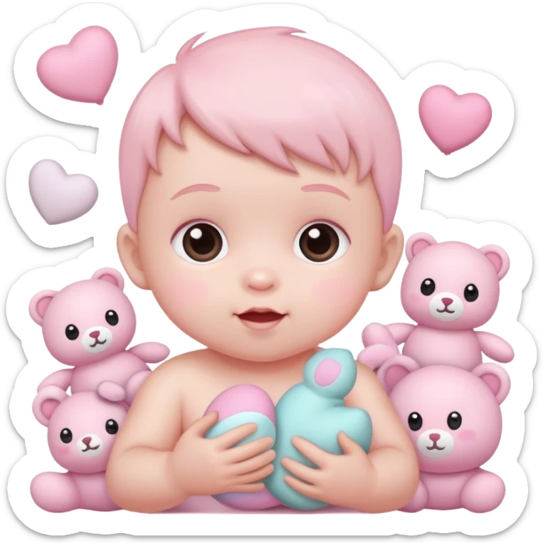 cute baby playing with pastel pink toys and plushies sticker