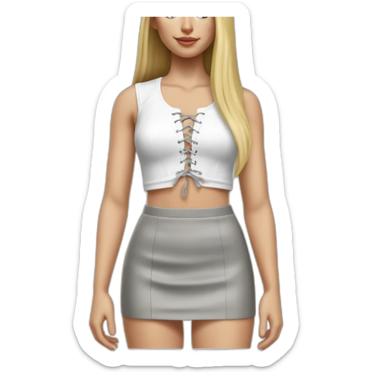 hyperrealistic caucasian female, long straight blonde hair, white lace up crop top, grey tight mini skirt sticker