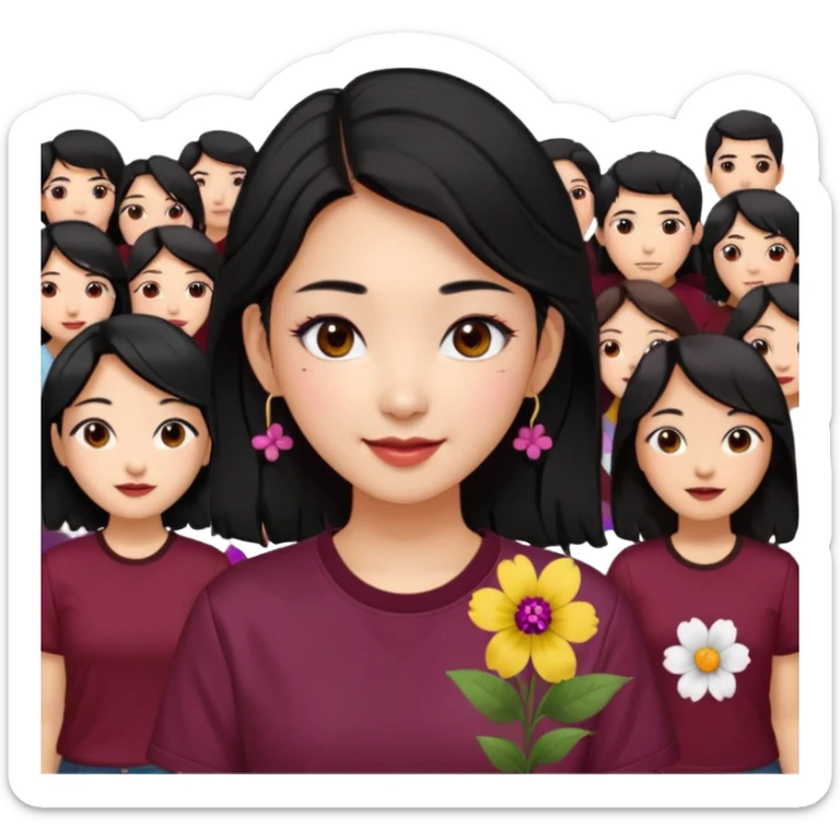 A Korean woman with messy and stylish black hair, a flower in her ear and an iconic Y2K shirt maroon and brown hazel eyes, makeup sweetie,A Style Vibe in the Crowd sticker