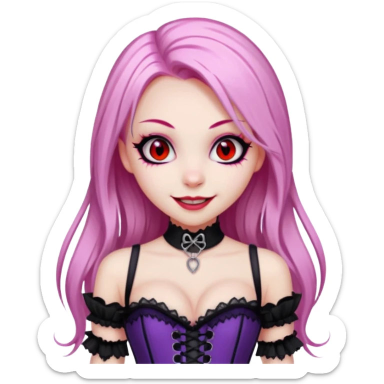 pretty scary girl, long straight LIGHT pink HAIR,SCARY RED eyes, black eyeliner, pale skin, purple corset clothes with laces, AND WITH A GRIN SMILE  sticker