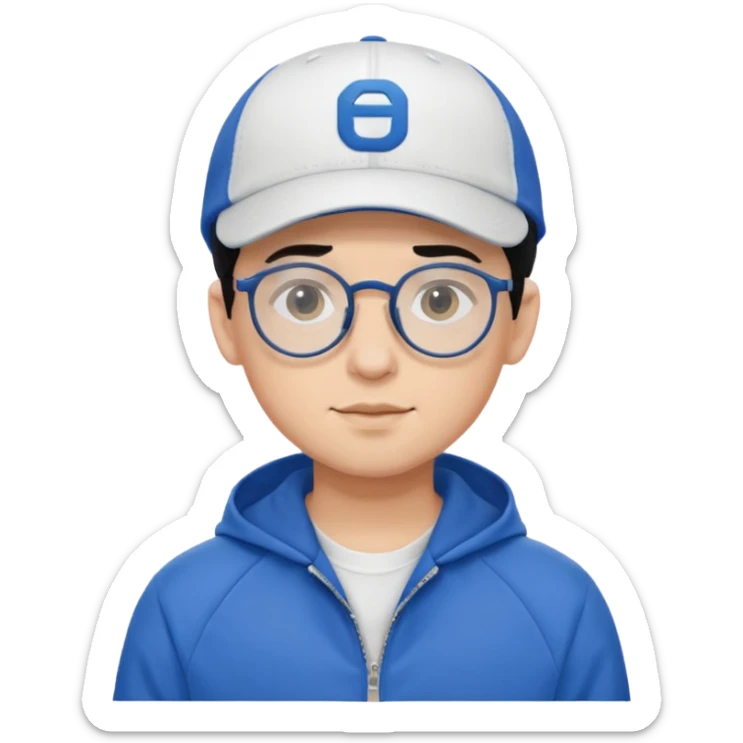 emoji of a young man with black hair, round glasses, white cap worn backwards, blue sports jacket sticker