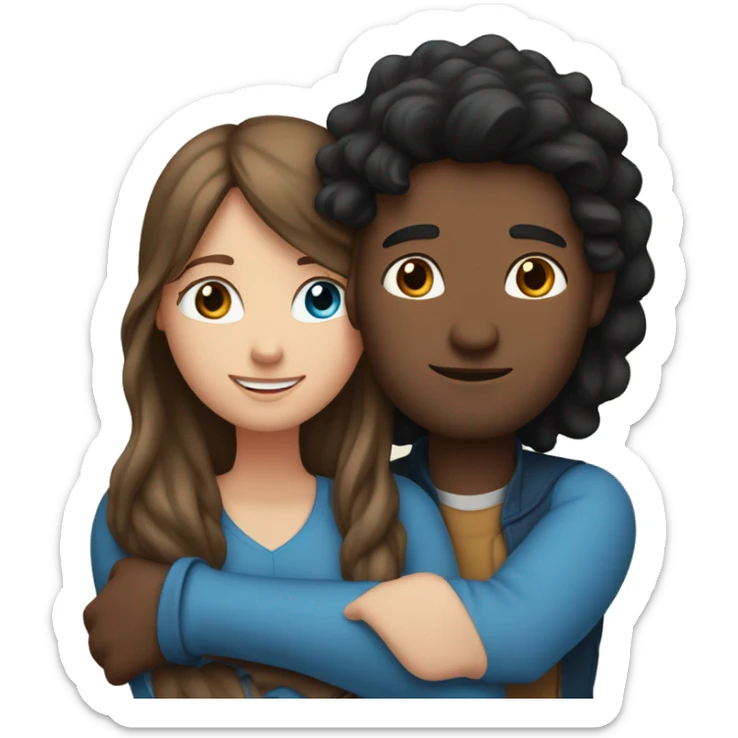 Couple embracing with arms around each other; white woman with blue eyes and brown hair, Indian man with black hair  sticker