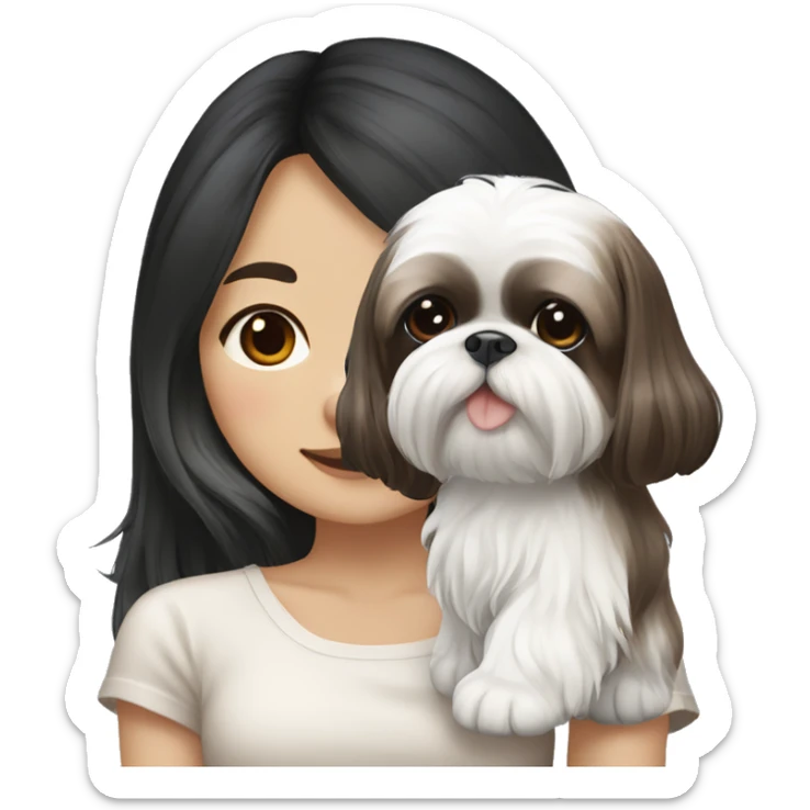 long black hair korean girl with white and brown colored shih tzu sticker