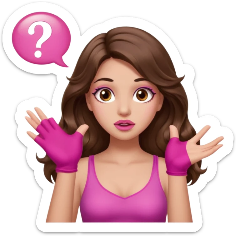 girl with long wavy brown hair, brown eyes, long lashes makeup, sexy pink lips, light to medium complexion, pink sexy top, two hands up, shrugging, confused questions mark bubble sign sticker