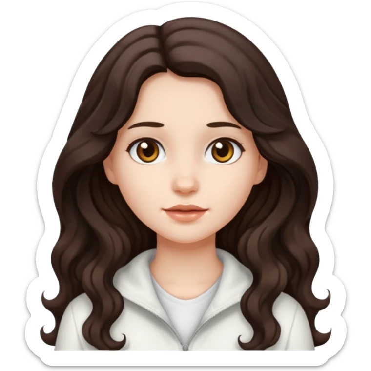 A girl in white with dark brown long wavy hair and very white skin sticker