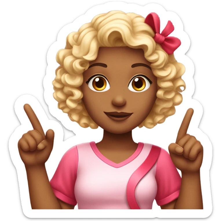 Realistic isolated female cupid character with short curly blonde hair holding up peace fingers with red and pink outfit and red bow in her hair. sticker