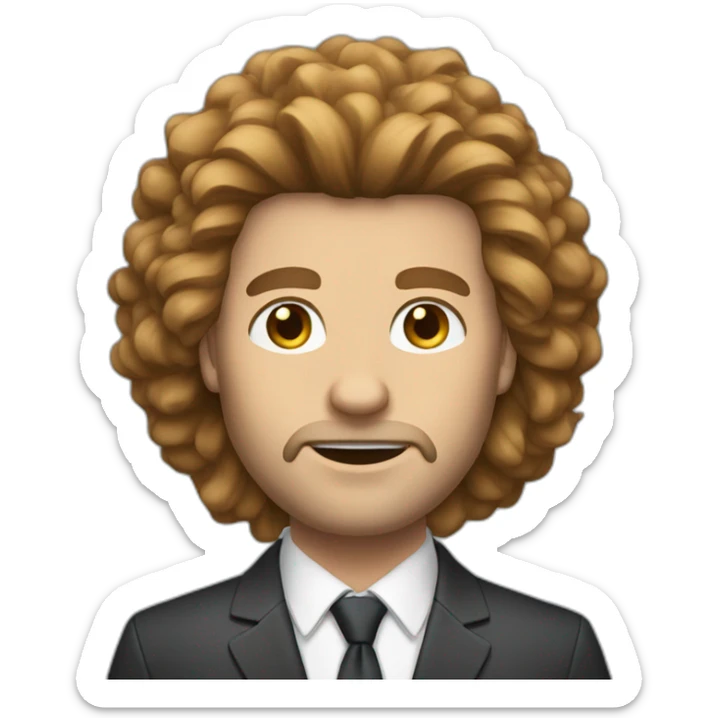 Caucasian man with brown lion's mane hair and wearing a suit sticker