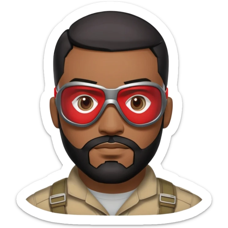sam wilson with  short, neatly cropped black hair and a well-groomed beard that connects to his mustache,  wear sleek, red-tinted tactical goggles fit snugly from captain america: civil war sticker