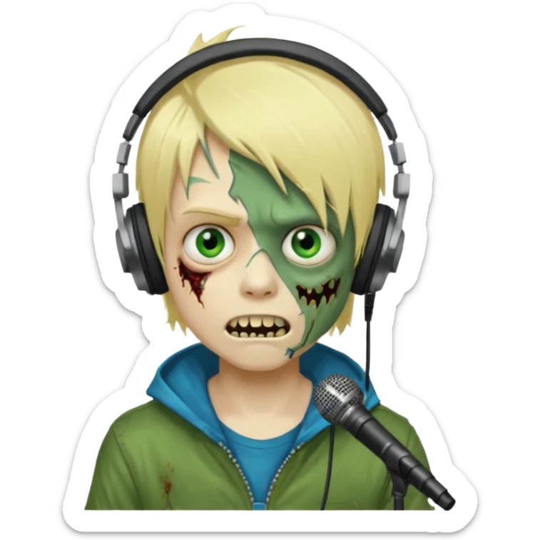 boy zombie whit blonde emo hair and eyes blue and GREEN SKIN and heandphones AND A MICROFONE and gold teeth sticker
