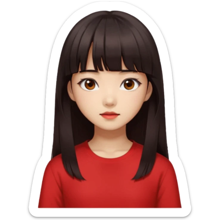 Korean girl, red top, black brown hair, brown eyes, long hair, cool girl, aesthetic, long hair, hime cut, blunt bangs sticker