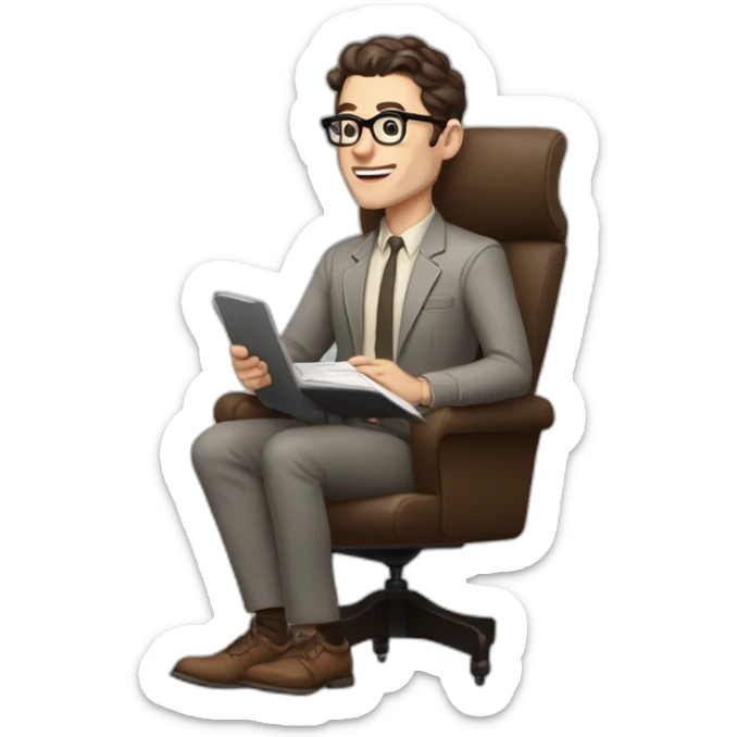 Pale skinned Fit Man With dark brown hair in gray jacket, beige office shirt, Brown pants and vintage glasses sitting In a soft chair with a notebook with emblem Ψ and a pen in his hands sticker