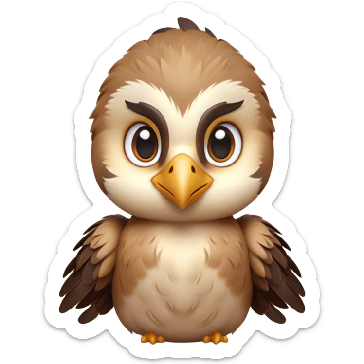 Cinematic Cute Falcon Portrait Emoji, Head tilted playfully and inquisitively, featuring a sleek, agile form with a delicately curved beak and round, sparkling eyes full of spirited charm, Simplified yet irresistibly adorable features, highly detailed, glowing with a warm, inviting glow, high shine, affectionate and lively, stylized with a touch of whimsical aerial grace, soft glowing outline, capturing the essence of a mischievous yet endearing falcon that seems as if it could dart out of the screen into your heart! sticker