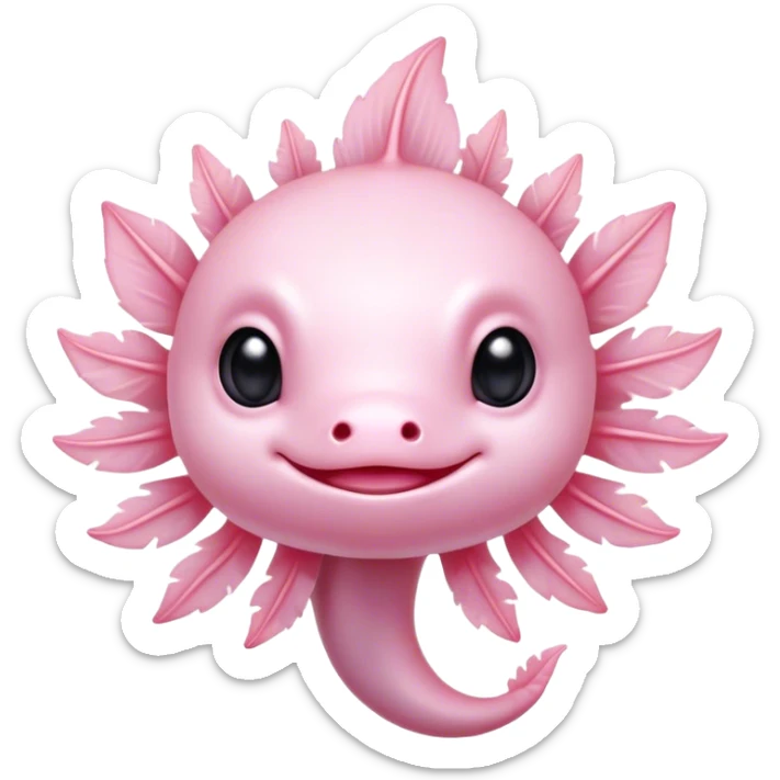 Cinematic Cute Axolotl Portrait Emoji, Head tilted playfully and inquisitively, featuring smooth, pale pink skin with delicate feathery gills and round, sparkling dark eyes filled with curiosity, Simplified yet irresistibly adorable features, highly detailed, glowing with a warm, magical glow, high shine, affectionate and quirky, stylized with a touch of whimsy, bright and endearing, soft glowing outline, capturing the essence of a mischievous yet charming aquatic friend, so playful it feels like it could swim out of the screen and into your heart! sticker