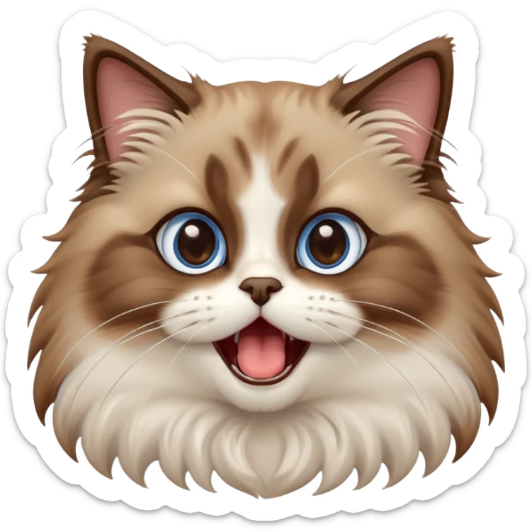 cinematic-adorable-big-eyed-fluffy-brown ragdoll-cat-portrait-emoji,-head-tilted-playfully-with-a-cute,-yawn,-white and brwon fur,-simplified-yet-irresistibly-cute-features, blue eyes sticker