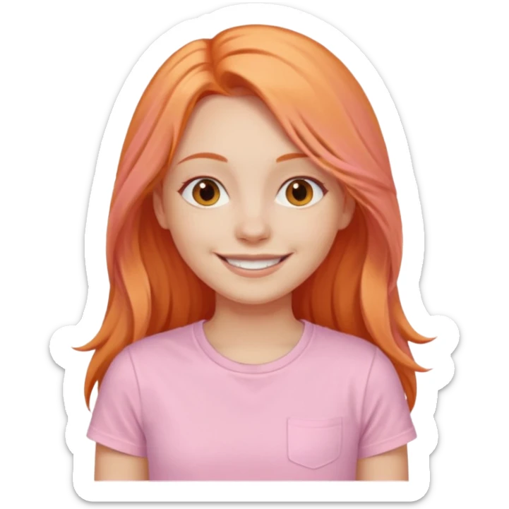 The girl with long orange hair is very happy. Make the girl similar with the reference picture. Change her sweat. Make it pastel pink t-shirt. sticker
