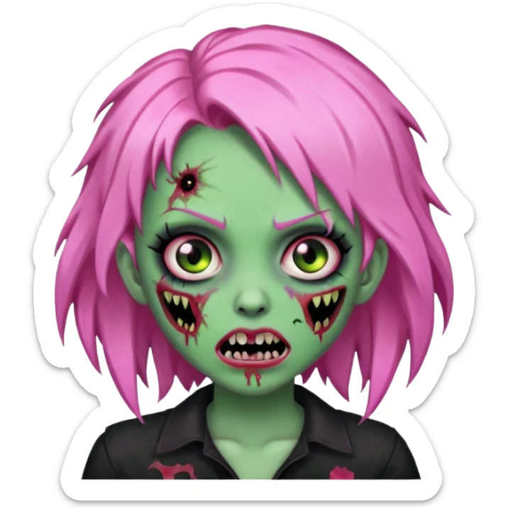 zombie girl with pink, black and green hair with fangs sticker