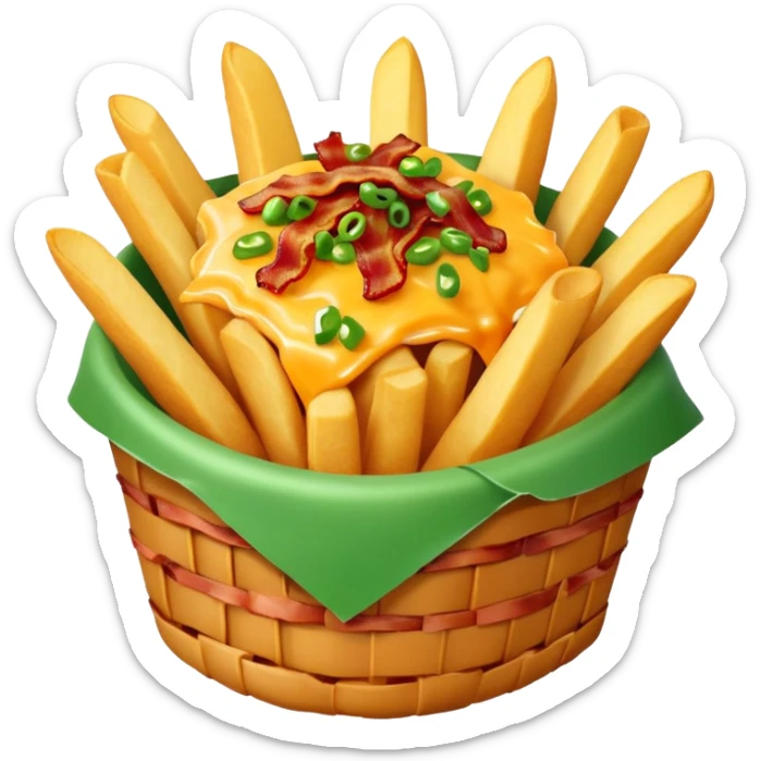 Food basket of fries, topped with melted cheese, bacon, and green onion sticker