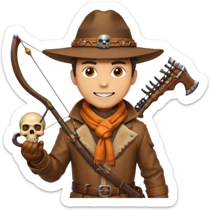 male human monster hunter emoji, wearing brown leather coat and wide hat, holding crossbow, with amulet shaped like skull, Halloween fantasy theme, confident smile, orange scarf, Apple emoji style, clean white background, square image sticker