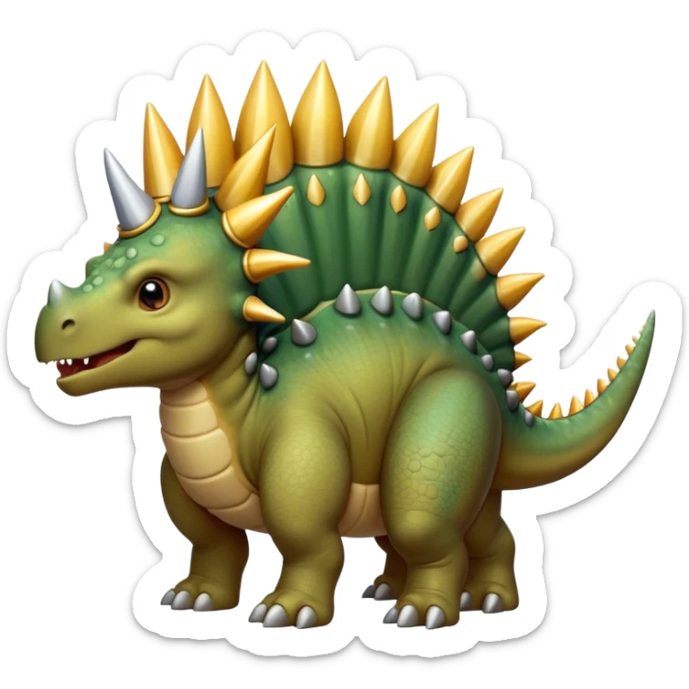 Cinematic Noble Stegosaurus Portrait Emoji, Poised and dignified, with a sturdy, low-slung body adorned by a distinctive row of bony plates along its back and a spiked tail, a small, determined head with observant eyes, Simplified yet sharply defined features, highly detailed, glowing with a soft, earthy radiance, high shine, intelligent and resolute, stylized with an air of ancient armored majesty, focused and alert, soft glowing outline, capturing the essence of a watchful and confident Stegosaurus that appears ready to lumber out of the screen with effortless authority! sticker