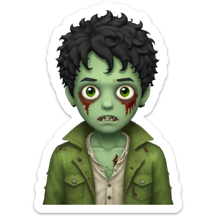 boy zombie with black curly hair, classic green skin, tattered clothes sticker