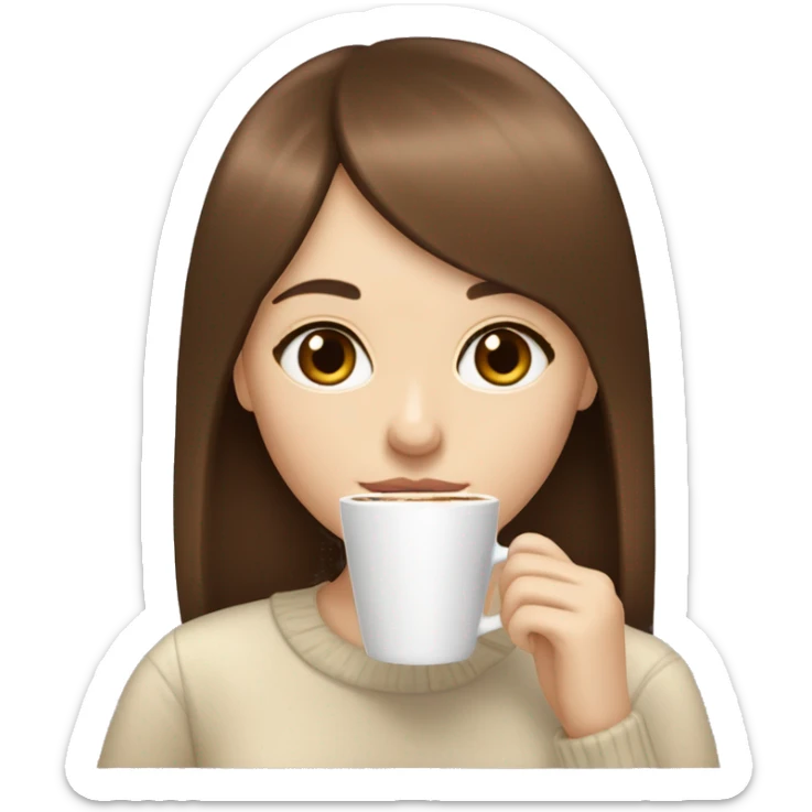 Chestnut brown straight haired with bangs girl with hazel eyes and pale skin sipping a latte  sticker