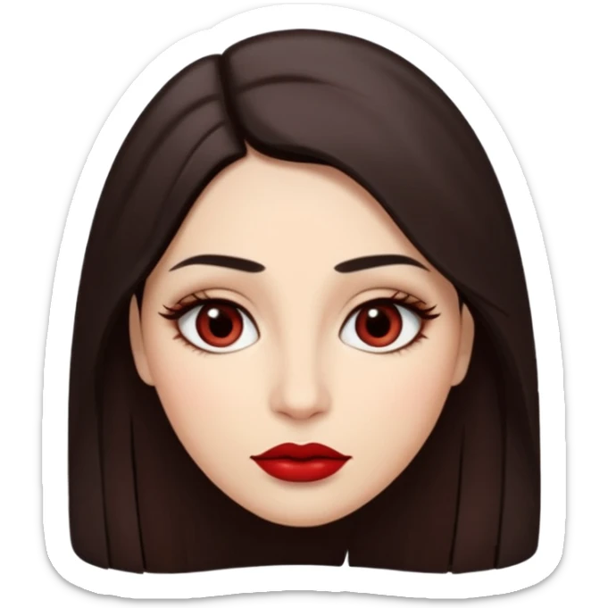 A woman emoji with fair skin, long straight dark brown hair parted in the middle, an oval-shaped face, arched dark eyebrows, almond-shaped brown eyes, a small nose, and full lips colored with deep red lipstick. sticker