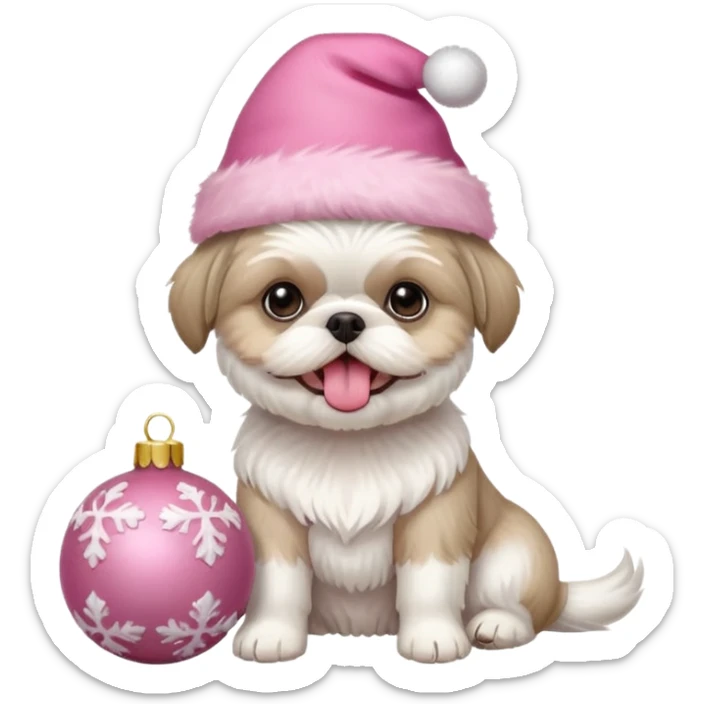 one white all over little shih tzu dog short hair with tongue hanging out sitting with light pink christmas hat sitting next to pink ornament sticker