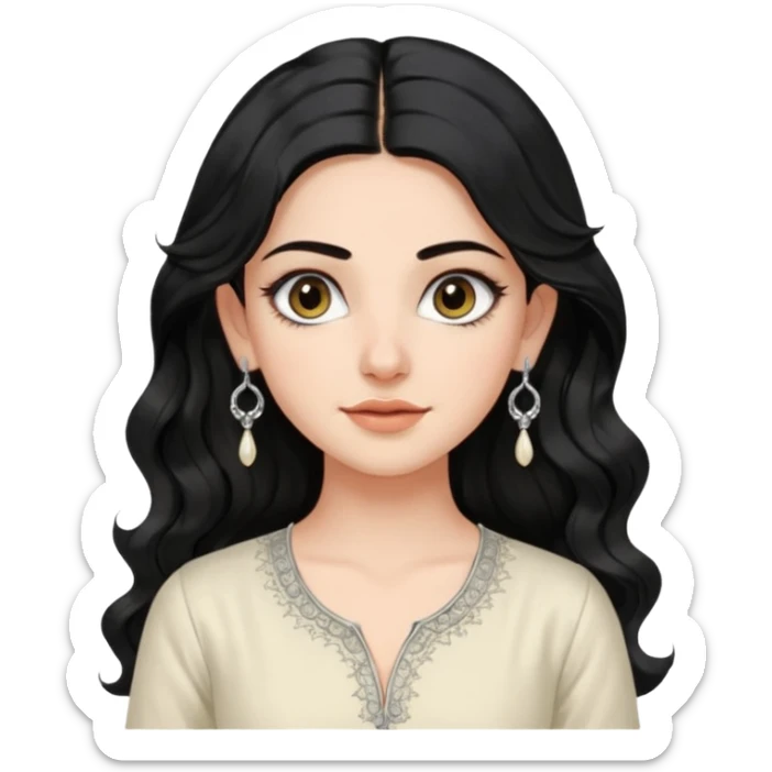 a pretty bratz fair girl with long wavy black hair, kajal under eyes, small silver hoop. ivory coloured kurti sticker