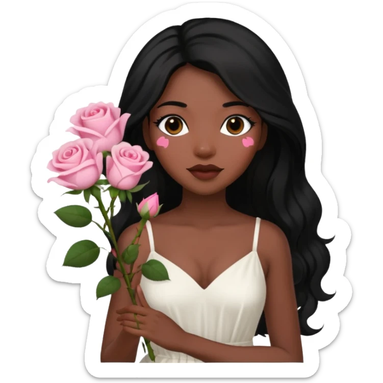 woman of God (black girl, super feminine and pretty, modern, long hair, white dress, pink flowers in hand) sticker