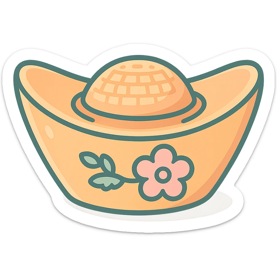 Create a Chinese gold ingot (yuanbao) with floral decoration, in icon-color-outlined style with shadows and highlights, thin clean contours, soft rounded shapes. Use a pastel palette: #98B5BC, #B5B3C1, #C9A3C9, #E4C0CA, #F7DCD1, #F7C0AA. Modern Japanese pop-art and sticker aesthetics, high detail, vector sharpness, soft lighting, transparent background. Shape as in the reference. sticker