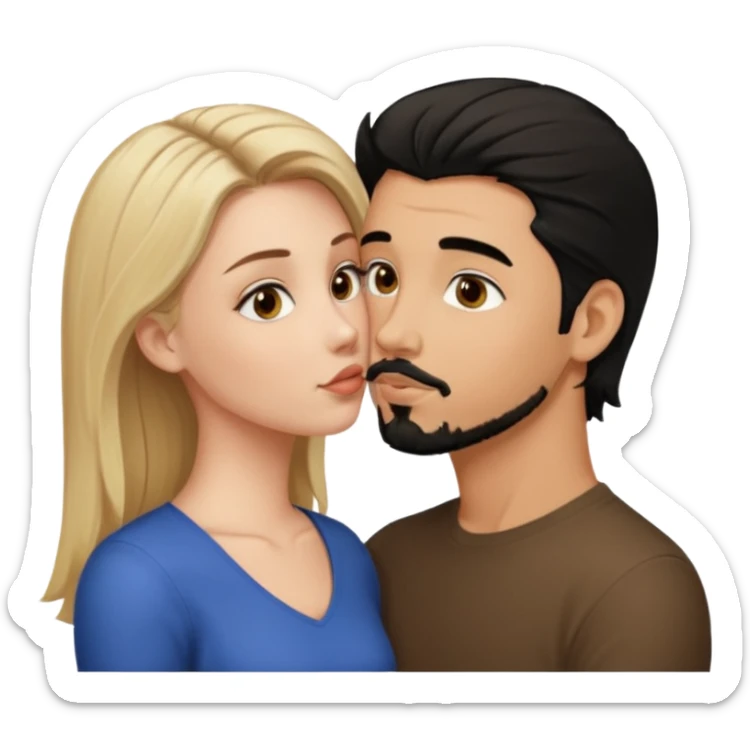 White girl with hazel eyes and medium length blonde hair kissing man with black hair, goatee, and brown eyes sticker