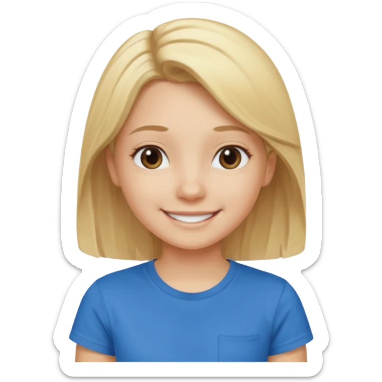 Young girl with blonde hair and a blue T-shirt, looking happy sticker