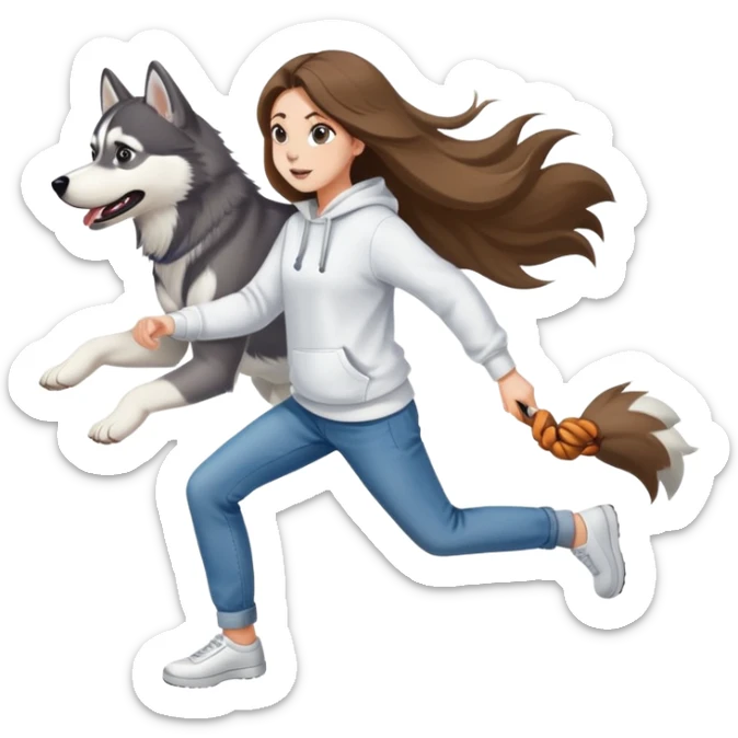 A beautiful girl with long hair wearing a white sweatshirt and jeans is chasing a husky sticker