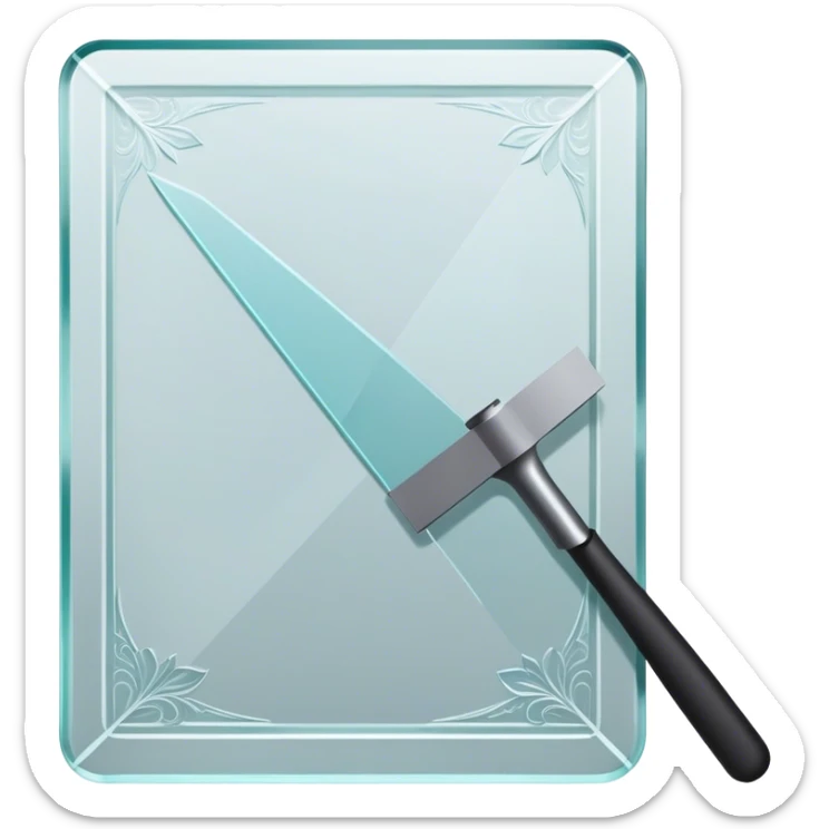 Glass carving icon, large piece of glass being etched with carving tools, fine lines and patterns on the glass surface, glass cutter, minimalistic style, clean lines, transparent background. sticker