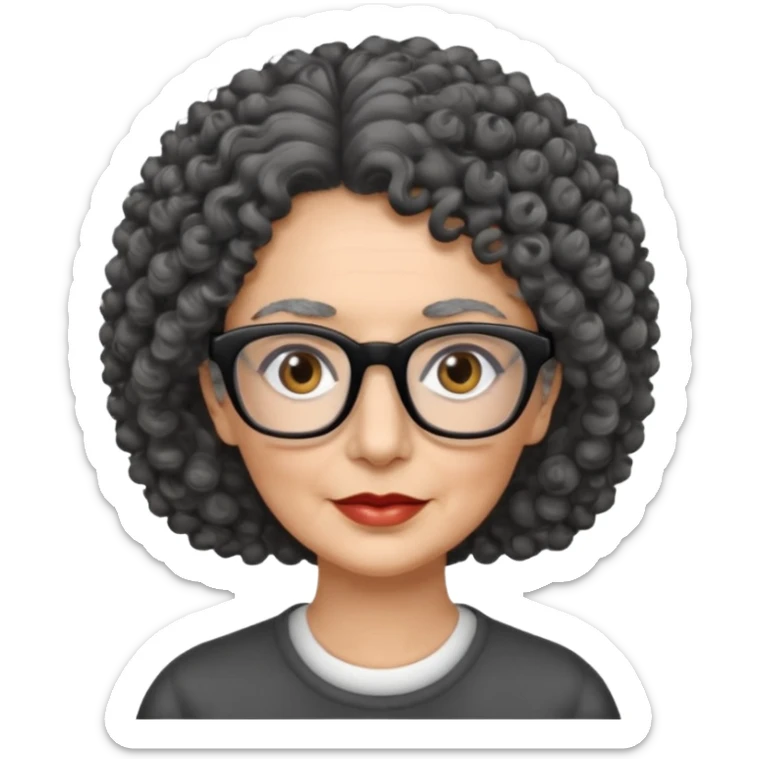 femme 60 ans cheveux gris foncé très bouclé et yeux marrons foncé, lunettes rectangle noir sticker